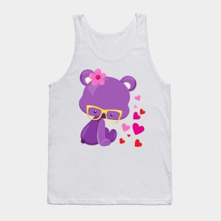 Valentine's Day Bear, Purple Bear, Glasses, Hearts Tank Top